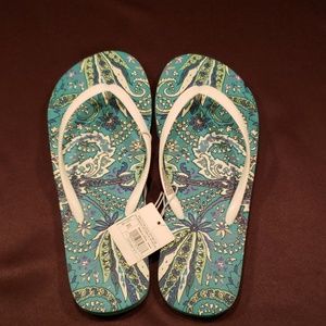 Teal and white paisley flip flops